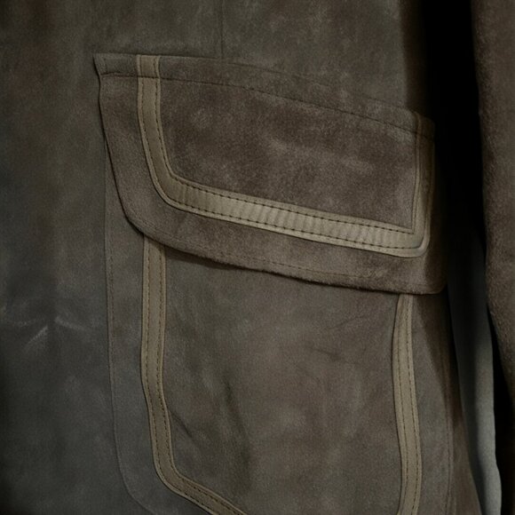 Vintage Long Brown Leather & Suede Coat w/ Lamb Fur Trim – Suede Belt - Picture 5 of 8